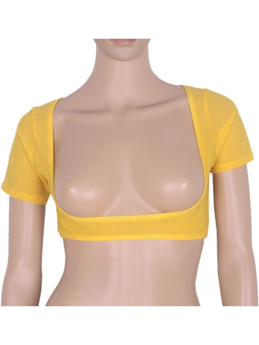 ใฝ๏ธWomen's Yellow Mesh Open Bust Short Sleeve Spandex Belly Dance Crop Top